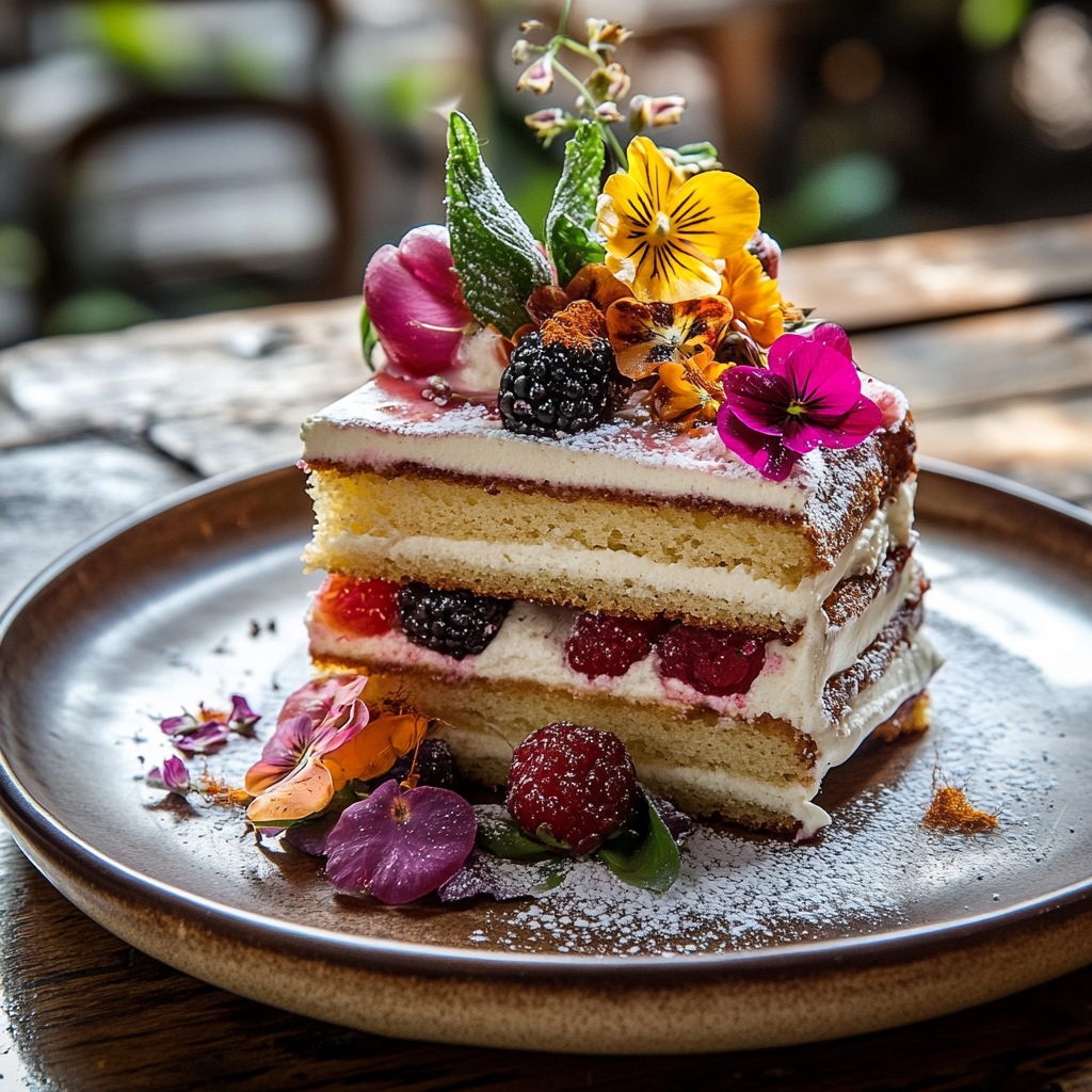 A cake with berries and flowers on top.