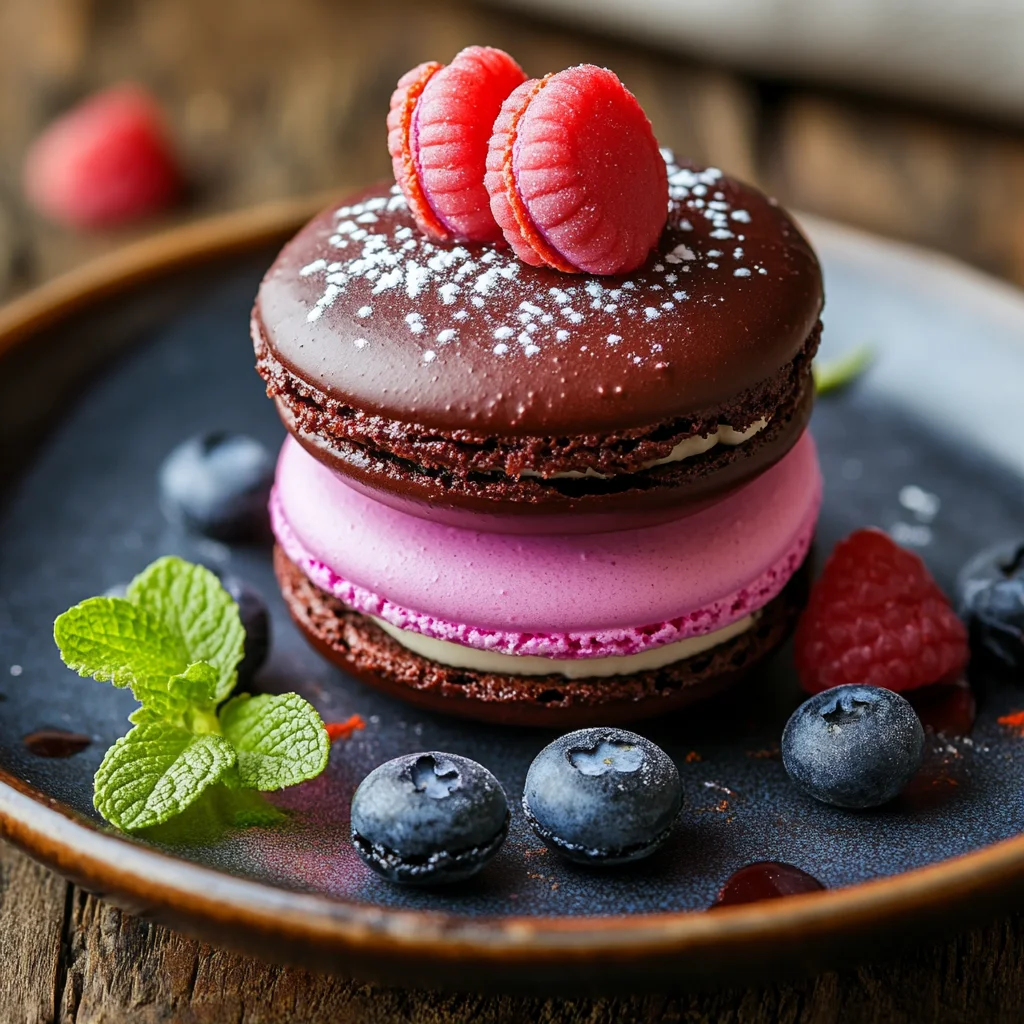 A chocolate and raspberry dessert with blueberries on top.