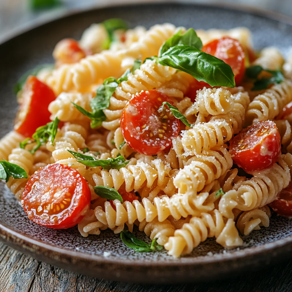 A bowl of pasta with tomatoes and basil.