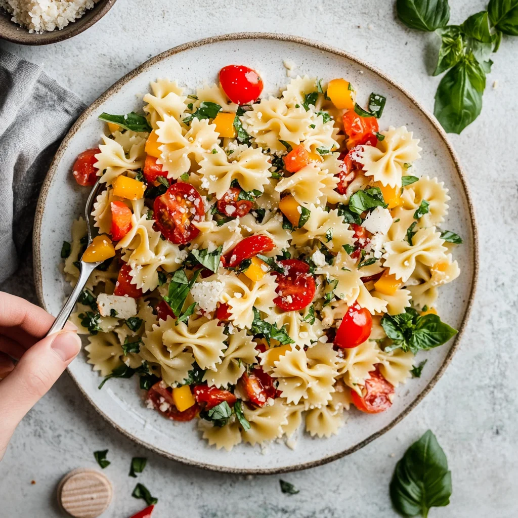 A plate of pasta with tomatoes and basil.