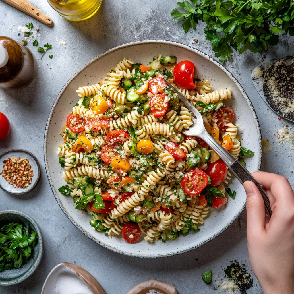 A person is holding a fork with a plate of pasta and tomatoes.