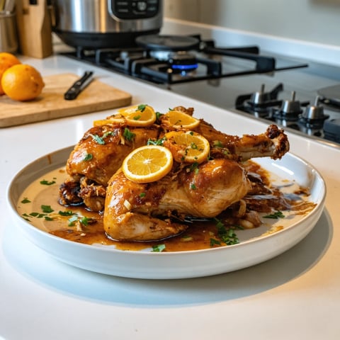 A plate of chicken with lemon slices on top.