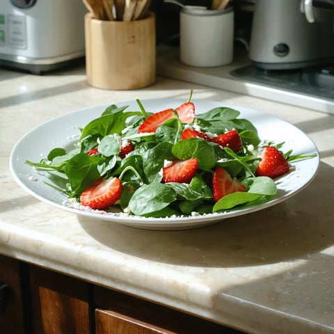 A white plate with a salad of strawberries and spinach.