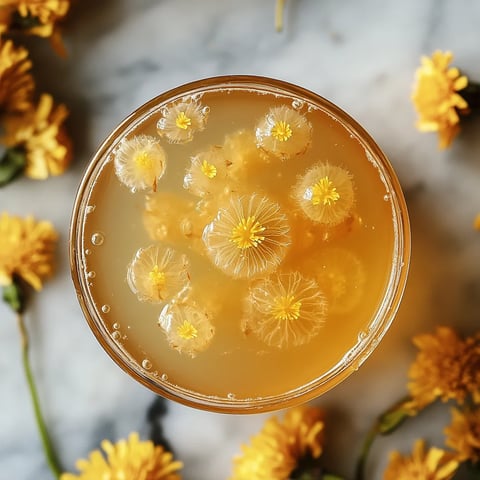 A glass of yellow liquid with yellow flowers in it.
