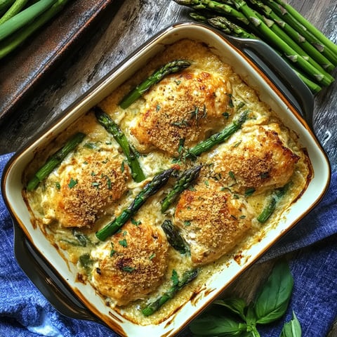 A dish of chicken and asparagus.