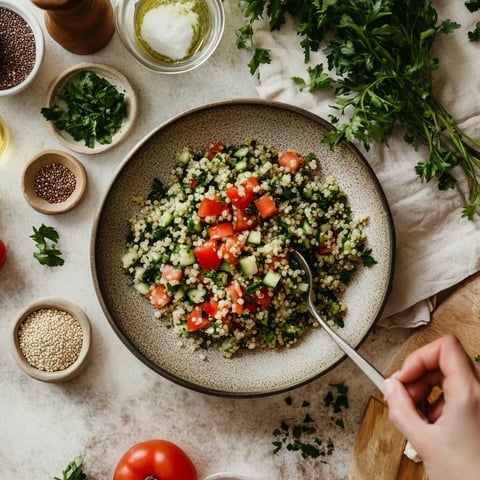 A person is preparing a meal with a variety of ingredients.