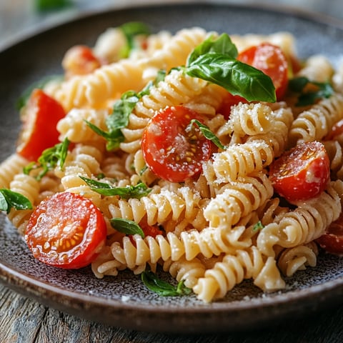 A bowl of pasta with tomatoes and basil.